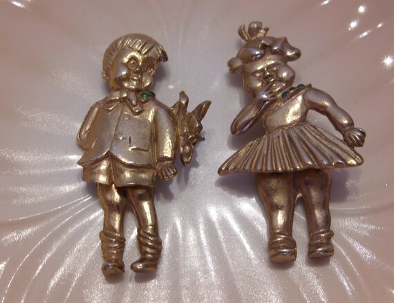 Gold Plated Moveable Boy and Girl Brooch Pins wit… - image 6