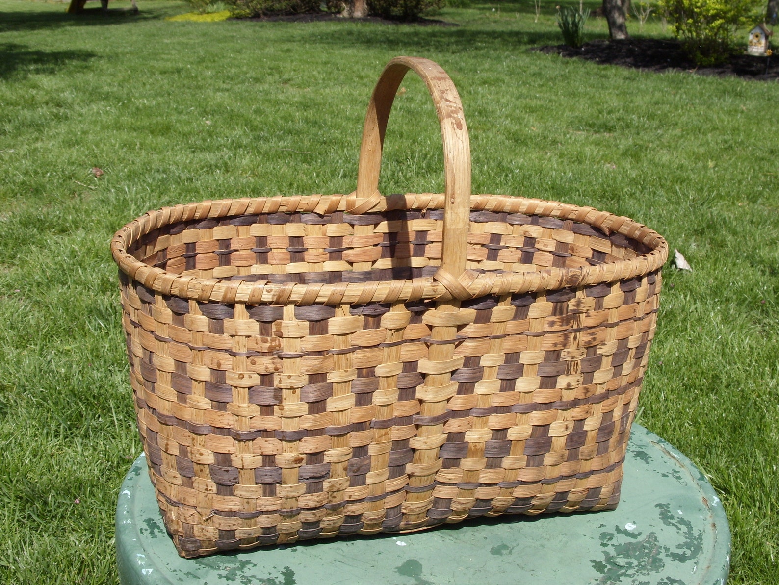 Rectangular Woven Market Basket Bent Wood Handle Vintage Two Etsy