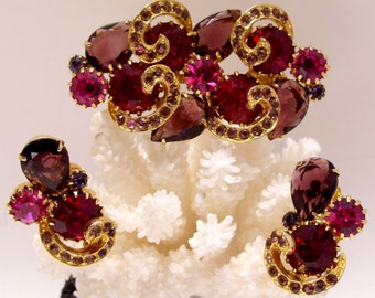 Amethyst Purple, Ruby Red and Pink Rhinestone Brooch Pin and Clip Earring