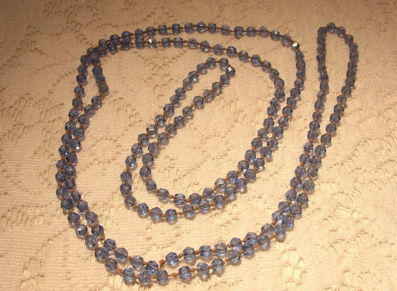 Long Vintage Blue Glass Necklace Individually Knotted 62 Inches Long Blue Faceted Glass Necklace Art Deco Roaring 20/'s Great Gift