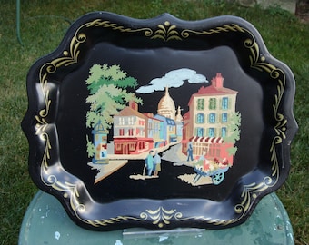 Large Black Decorative Tray Hand Painted Street Scene, Mid Century Vintage Tray, Use for Serving or Wall Decor, Great Gift