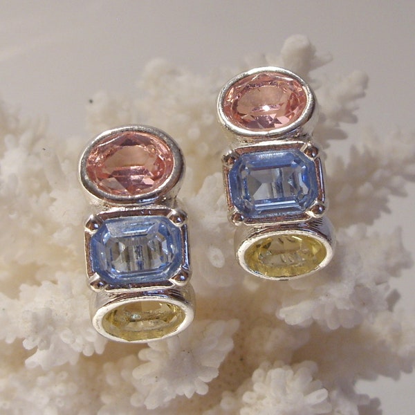 Swarovski Crystal Clip Earrings Pink Blue and Yellow Crystals Set in Silver Tone Metal, FREE SHIPPING USA, Swan Hallmark Great Gift