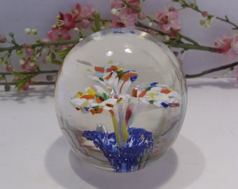 Multi Color Flower Heavy Glass Paperweight Vintage Unsigned Collectible Home or Office Decor Gift