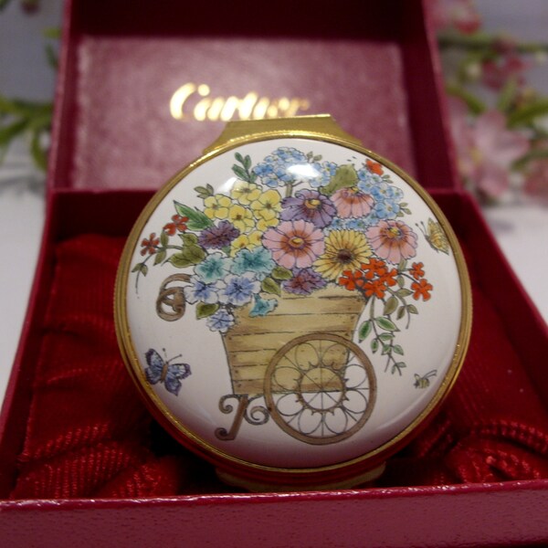 Cartier Enamel Flower Cart Trinket Jewelry Box in Original Presentation Box "Flowers for My Love" Vintage Collectible Gift