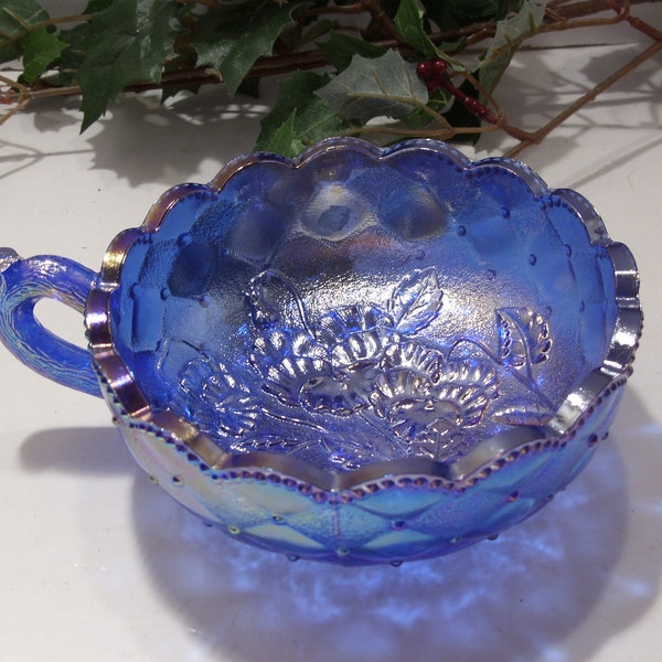 L E Smith Blue Carnival Glass Iridescent Nappy Bowl Dish Pansy Pattern Flowers Scalloped Beaded Edge Branch Handle Beautiful Glass AS IS