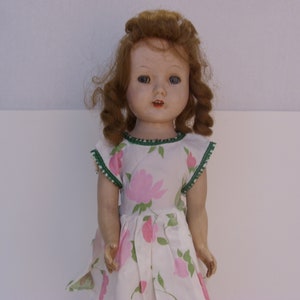 1940&#39;s Hard Plastic Doll, Brown Mohair Hair, Blue Sleep Eyes, Open Mouth Teeth Showing, Made in USA 14 Inch Collectible Doll