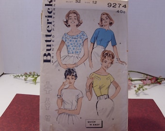 Butterick Pattern # 9274 Quick and Easy Blouse Four Styles Bust 32 Size 12 Vintage 1950's UNCUT Butterick Home Sewing Pattern Clothing