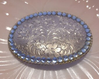 Engraved Silver Tone Metal Belt Buckle Blue Plastic Faceted Stones Embellishment
