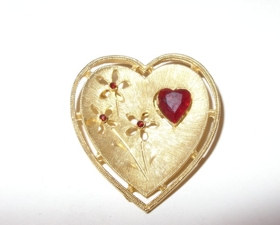 J J Gold Heart and Flower Brooch Pin, Brushed Sat… - image 5
