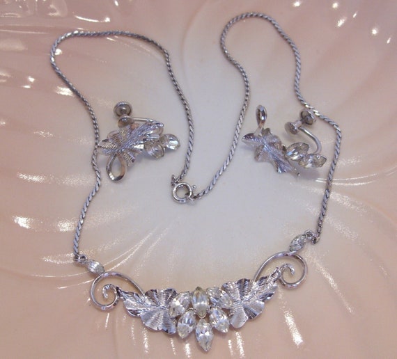 Star Art Sterling Silver Rhinestone Necklace & Screw Back Earrings Set
