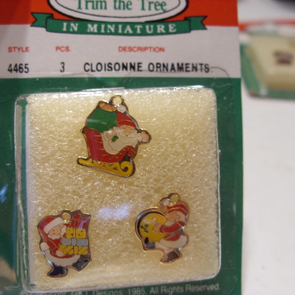 Set of 7 pkg. Vintage Miniature Christmas Ornaments: Cloisonne & Filigree, NOS