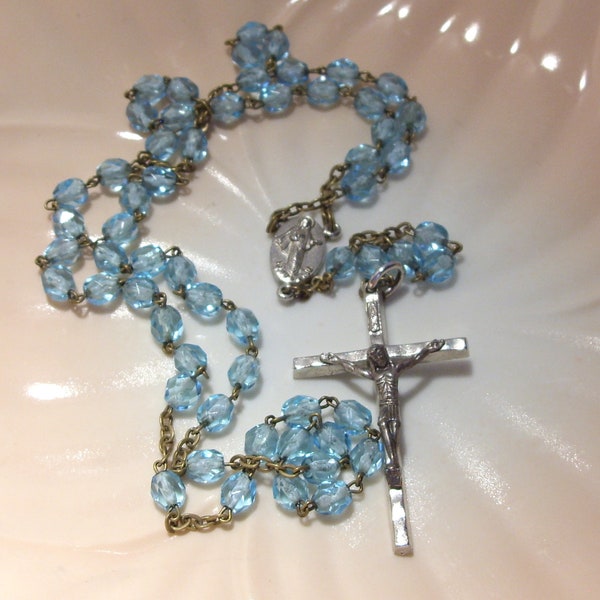 Vintage Rosary,Blue Turquoise Bead FREE SHIPPING USA,Crucifix Medal Religious Prayer Beads Catholic Rosary First Communion Confirmation Gift