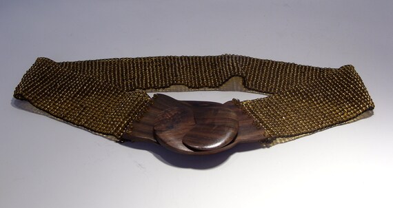 Gold Beaded Vintage Stretch Belt with Brown Wood … - image 7