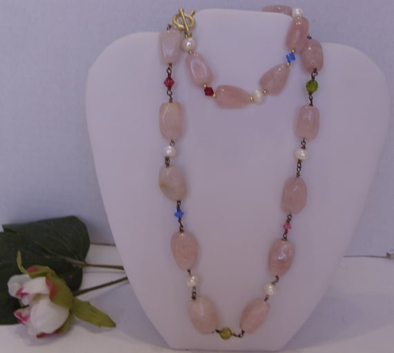 Vintage Rose Quartz Necklace and Bracelet Set: Chunky Freshwater Pearl Jewelry