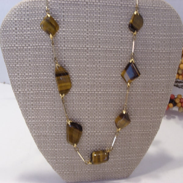 Tiger Eye Gemstone and Gold Tone Link Necklace 26 Inches Long Vintage Gemstone Tiger Eye Necklace with 3/4" Gold Tone Link Chain Great Gift