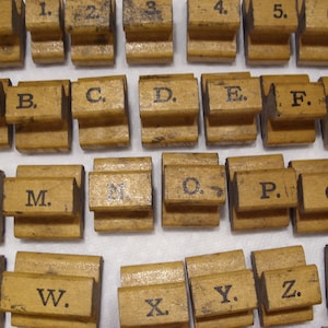 Vintage Wood and Rubber Block Alphabet and Numbers Stamps Includes Punctuation and More 57 Total Stamps and 12&quot; Wood Ruler Collectible
