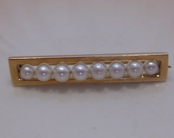 14K Yellow Gold and 8 Pearl Bar Pin, Vintage 14K Gold Small Bar Pin Brooch with Eight Pearls, Pearl is June Birthstone, Jewelry Gift for Her