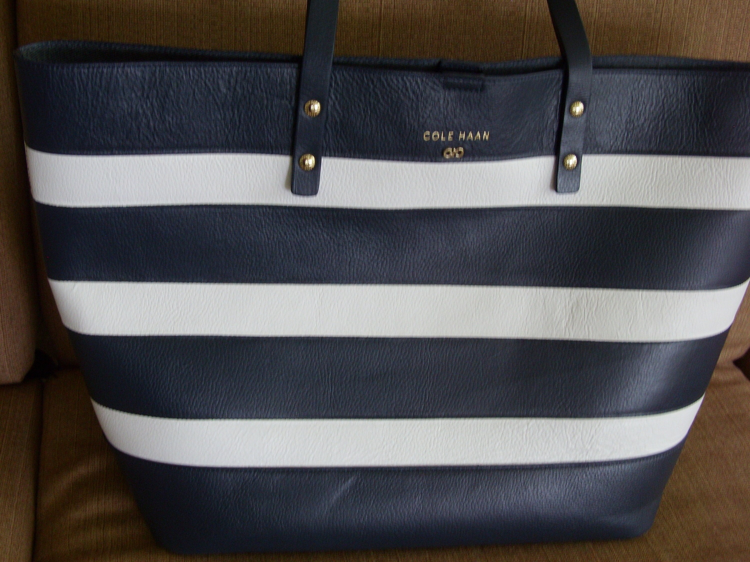 Cole Haan Beckett Tote Navy Blue and White Stripe Two Handled Leather Tote Zipper Pocket Inside Some Scratches on Bottom and Back SOLD AS IS Etsy