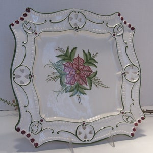Large Pierced Porcelain Italian Plate Large Floral Center White, Green, Pink Dining, Serving, Home Decor