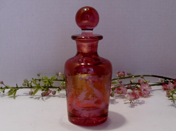 Bohemian Cranberry Etched Glass Perfume Bottle View 3