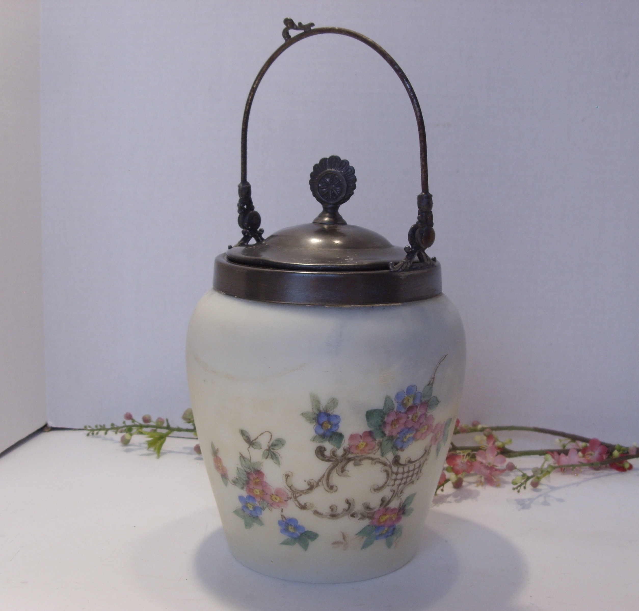 Hand Painted Glass Vintage Biscuit Jar with Silver Quadruple Plate New Amsterdam Lid, Handle is Missing a Decorative Piece at Top SOLD AS IS