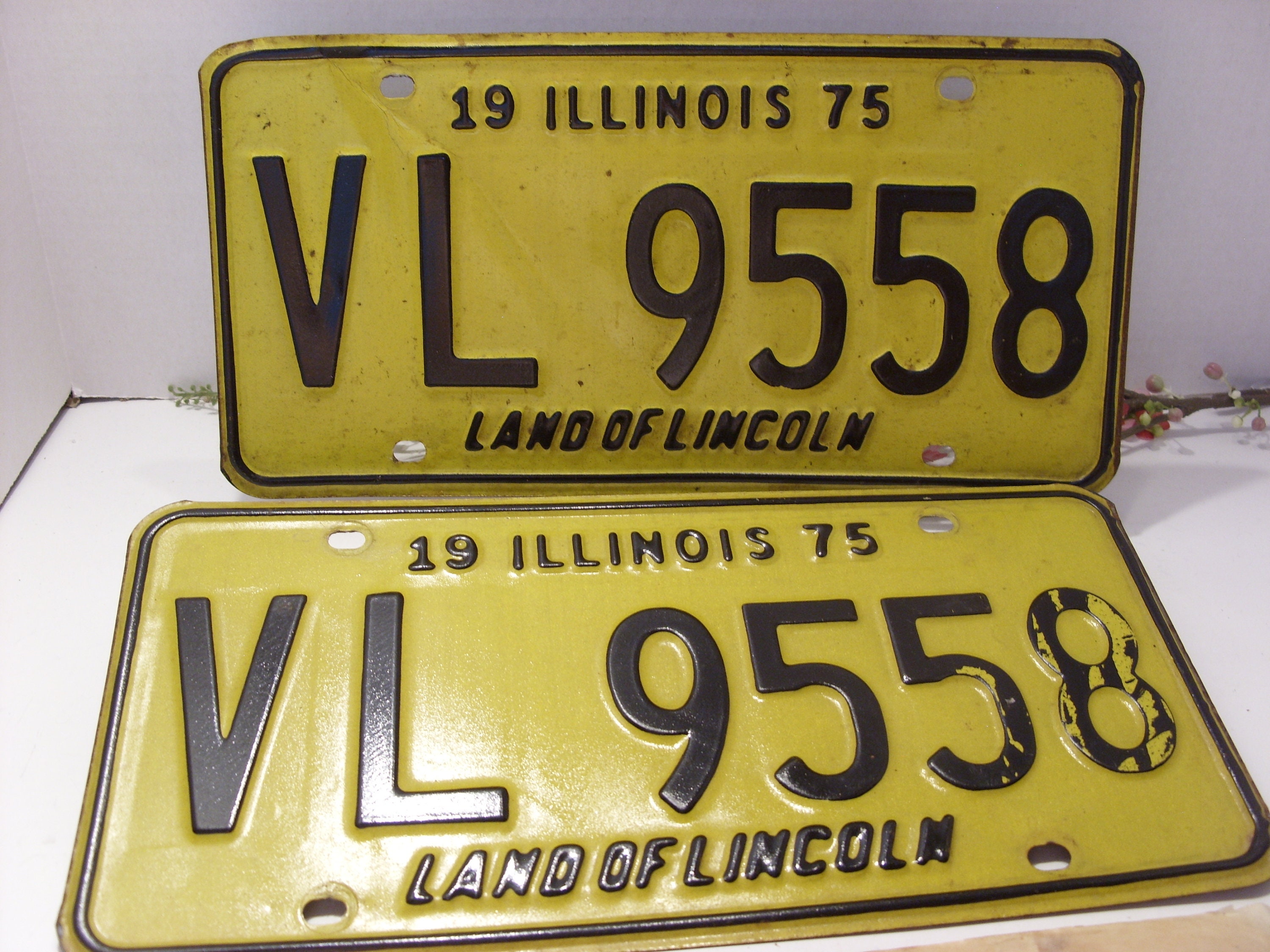 Vintage 1975 Illinois Yellow License Plate Pair: VL 9558, Land of