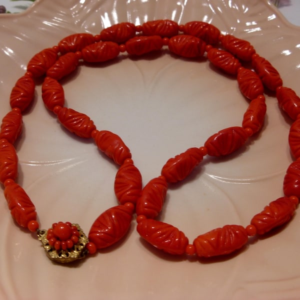 Miriam Haskell vintage Red Glass Bead Necklace: Signed Filigree Clasp