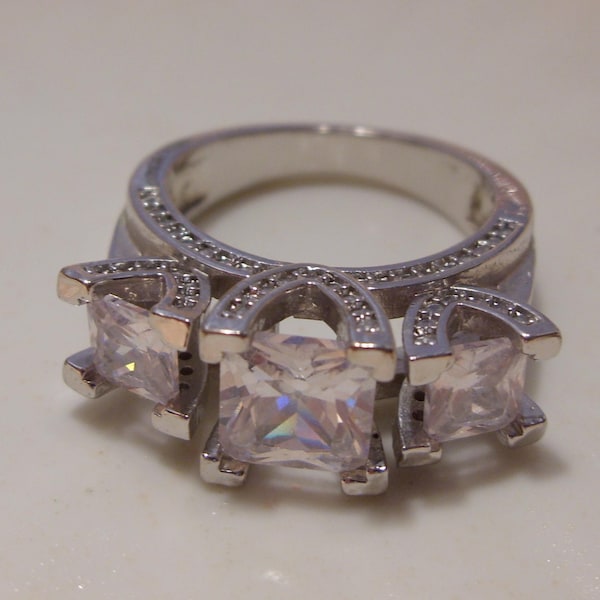 Princess Cut Cubic Zirconia 3 Stone Sterling Silver Ring  Size 7.25