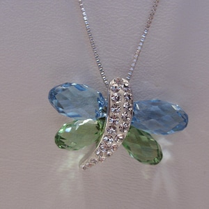 Blue and Green Crystal Butterfly Pendant on 18" Sterling Chain