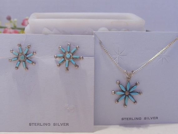 Sterling Silver Turquoise Petit Point Pendant Necklace, Pierced Post Earrings Signed LML