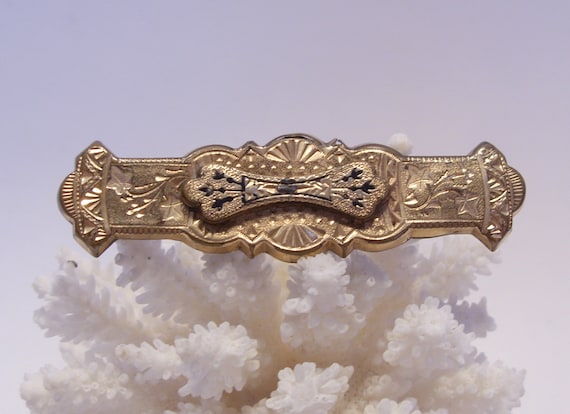 Gold Filled Victorian Brooch: Etched Bar Pin with Black Enamel Guilloche