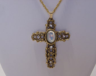 Large Gold Tone Cross Pendant Necklace Heavy Open Filigree, Large Cabochon