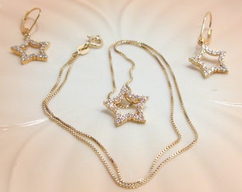 Gold Wash Sterling Silver Star Necklace and Earrings: Cubic Zirconia Jewelry Set