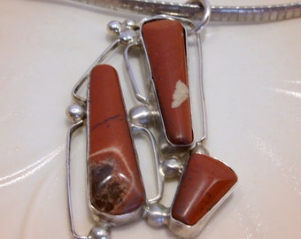 Abstract Red Jasper Sterling Silver Pendant: Modern Vintage OOAK Necklace