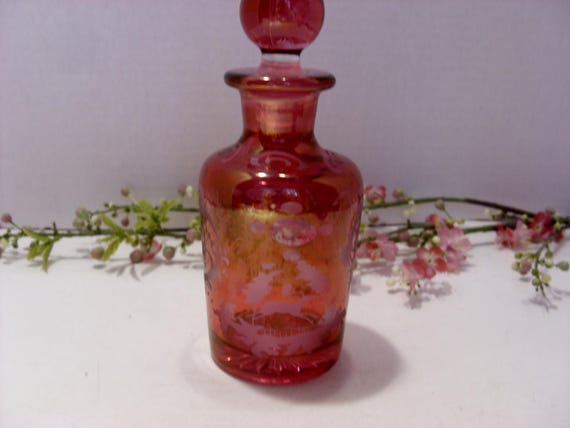 Bohemian Cranberry Etched Glass Perfume Bottle View 4