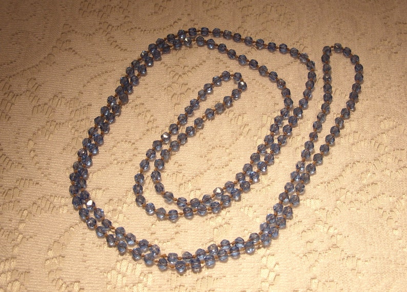 Long Vintage Blue Glass Necklace Individually Knotted 62 Inches Long Blue Faceted Glass Necklace Art Deco Roaring 20/'s Great Gift