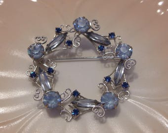Blue Rhinestone Silver Filigree Circle Brooch Pin, Vintage
