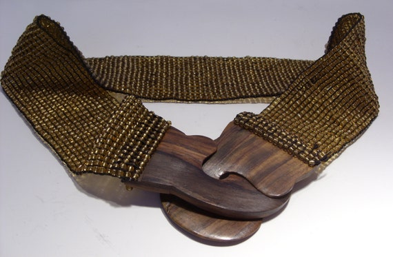 Gold Beaded Vintage Stretch Belt with Brown Wood … - image 6
