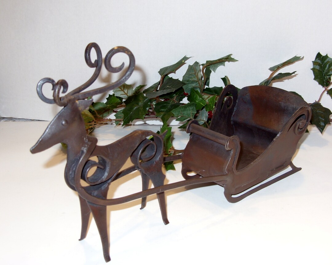 Reindeer and Sleigh Vintage Metal Sculpture Figurine Christmas