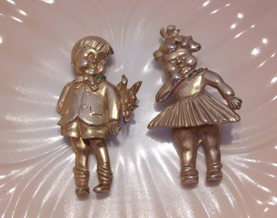 Gold Plated Moveable Boy and Girl Brooch Pins wit… - image 9