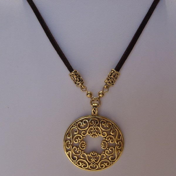Lia Sophia Filigree Circle Pendant Necklace with Leather and Gold Tone Metal 16 Inch "Chain" with 3 Inch Chain Tail for Option to Lengthen