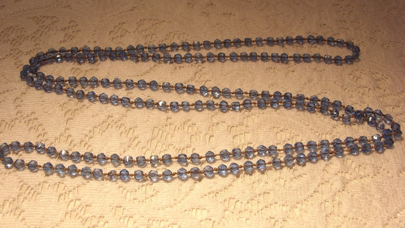 Long Vintage Blue Glass Necklace Individually Knotted 62 Inches Long Blue Faceted Glass Necklace Art Deco Roaring 20/'s Great Gift