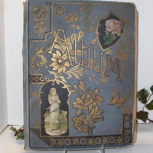 Album de scrapbooking ancien de 1890, 87 pages de rebuts, cartes commerciales, cartes postales, cartes de visite, cartes de voeux, cartes publicitaires, récompense de mérite,