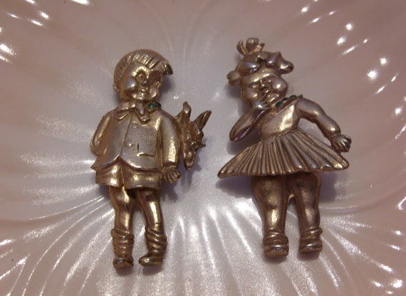 Gold Plated Moveable Boy and Girl Brooch Pins wit… - image 3