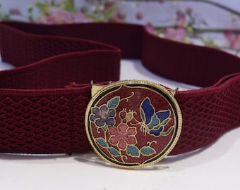 Vintage Cloisonné Buckle Elasticated Belt Asian Fan Belt Buckle Set ~ Vintage Cloisonné Stretch Belts  main image 2