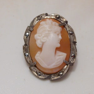 Vintage German Silver Shell Cameo Brooch: Marcasite Woman Profile Pin