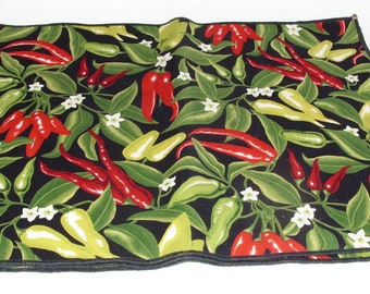 Set of Four Cloth Placemats Black with Green and Red Peppers 12 1/2 x 16 1/2, Contemporary Washable Cloth Placemats, Great Gift