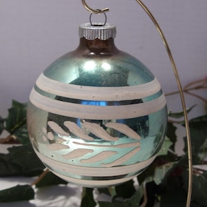 Green Mercury Glass Christmas Tree Ornament Large with White Stripes and Leaf Stencil 1950&#39;s Vintage 10 1/4&quot; Circumference Collectible
