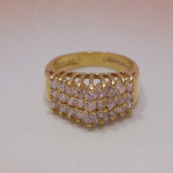 14 KT  Heavy Gold Electroplate Ring Size 8 1/2 has Three Rows of 9 Small Round Crystals in a Peaked Dome Setting, Great Gift