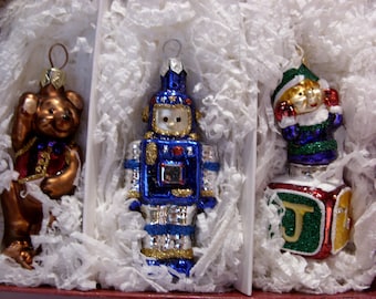 Hallmark Blown Glass Ornaments, Teddy Bear, Robot, Jack in the Box, Boxed Set